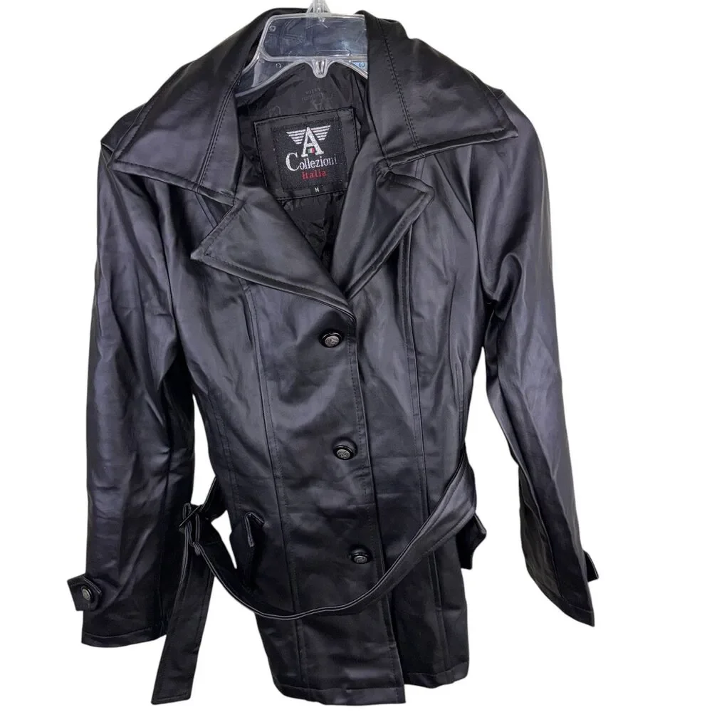 New A Collezioni Black Leather Jacket Button Front‎ Size M Italy